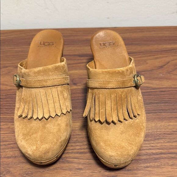 UGG Abbie Fringed Wooden Platform Clog in Brown Suede/Sheepskin Lined. Size 9. - Picture 1 of 9